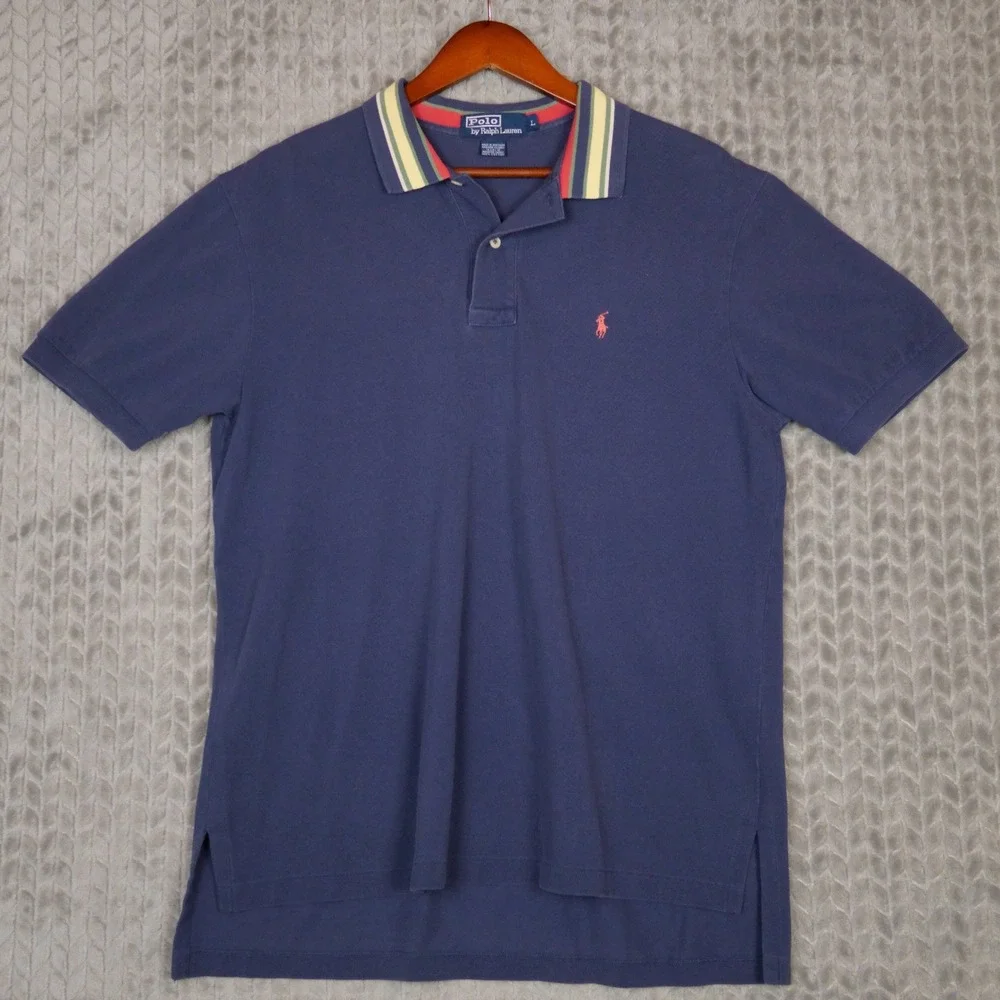 Polo Ralph Lauren Polo Shirt Mens L Blue Multi-Color Striped Collar Pony Pique